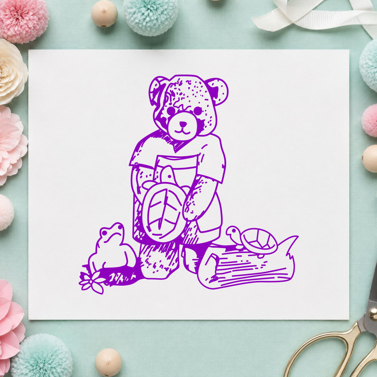 Bear with Turtles Rubber Stamp impression in purple ink on white paper in a styled craft setting.