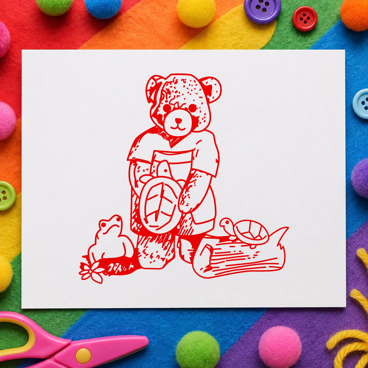 Bear with Turtles Rubber Stamp impression in red ink on white paper in a styled craft setting.