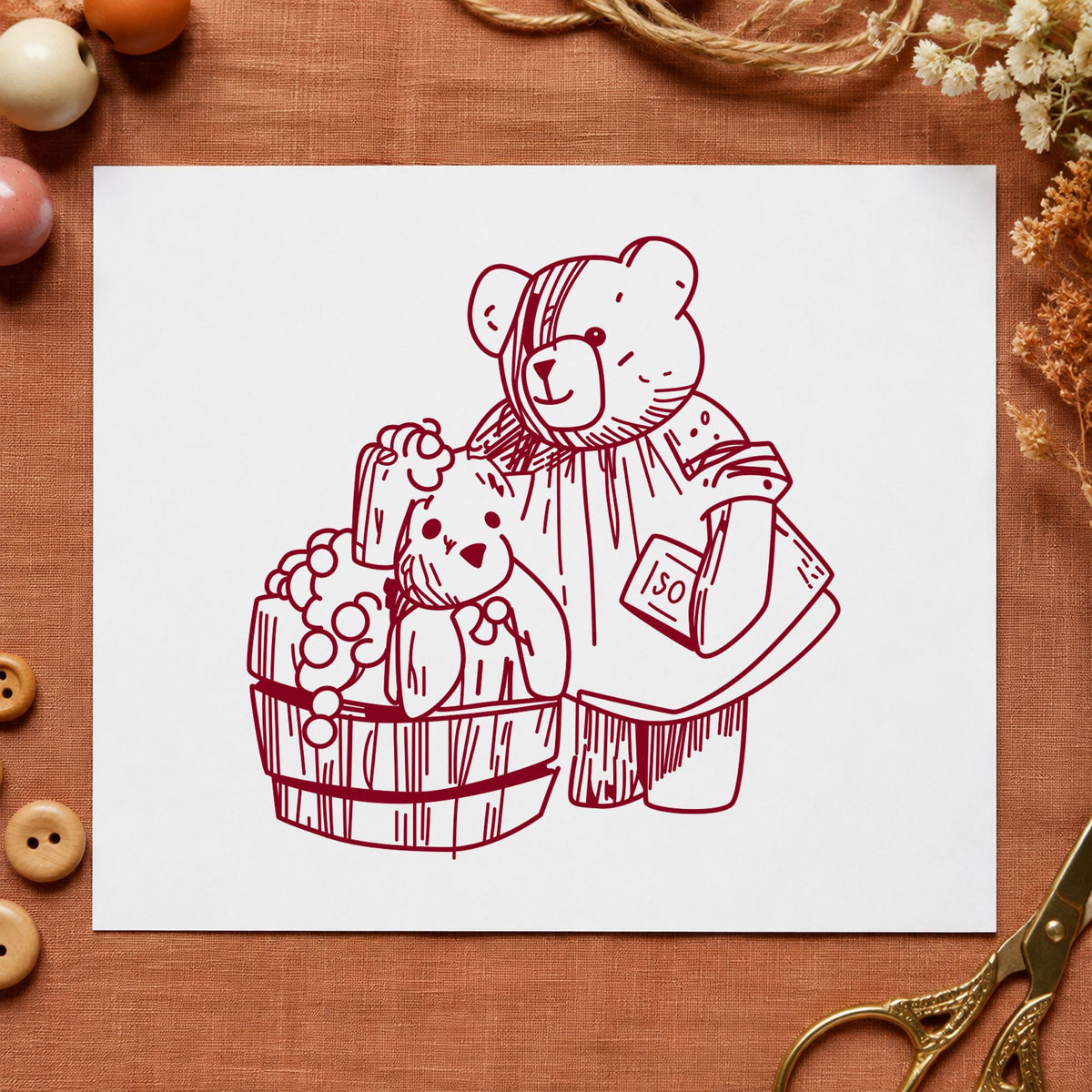Bear Washing Teddy in Barrel Rubber Stamp impression in burgundy ink on white paper in a styled craft setting.