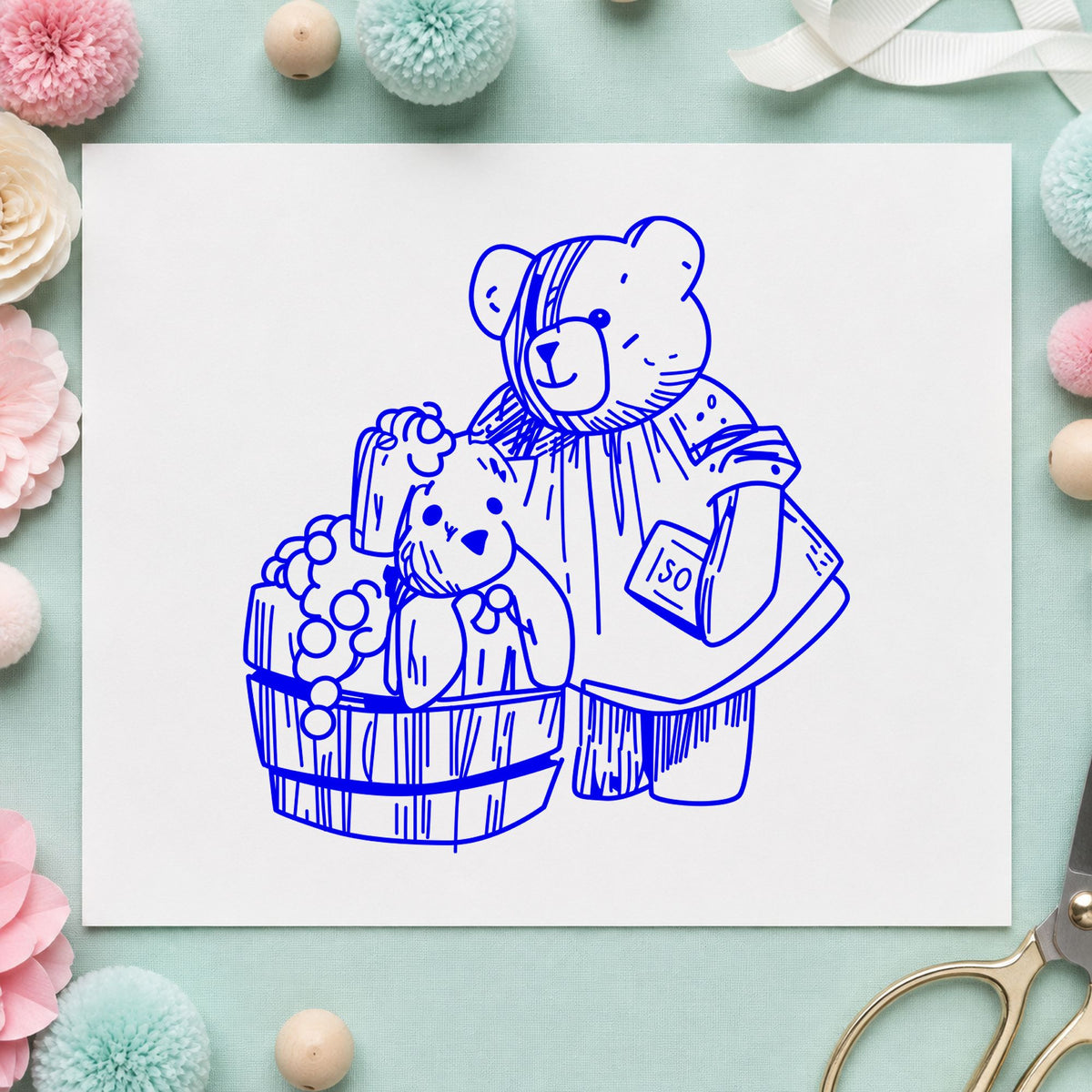 Blue bath time craft stamp impression featuring the bear washing teddy in barrel design on white paper.