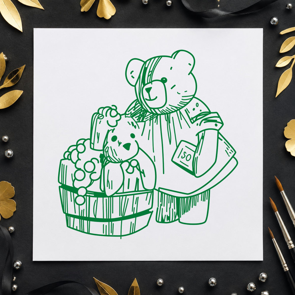 Bear Washing Teddy in Barrel Rubber Stamp impression in green ink on white paper in a styled craft setting.