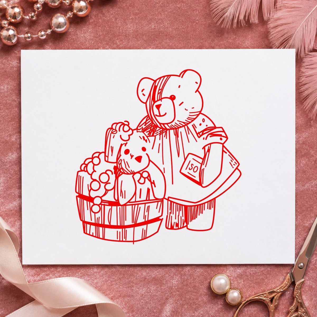 Bear Washing Teddy in Barrel Rubber Stamp impression in red ink on white paper in a styled craft setting.