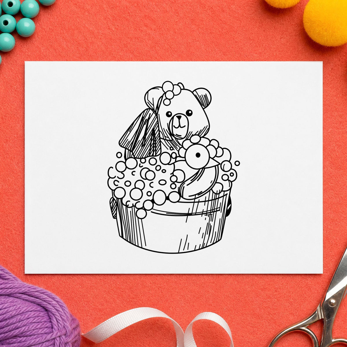 Bear in Wash Bucket Craft Art Stamp in use 1