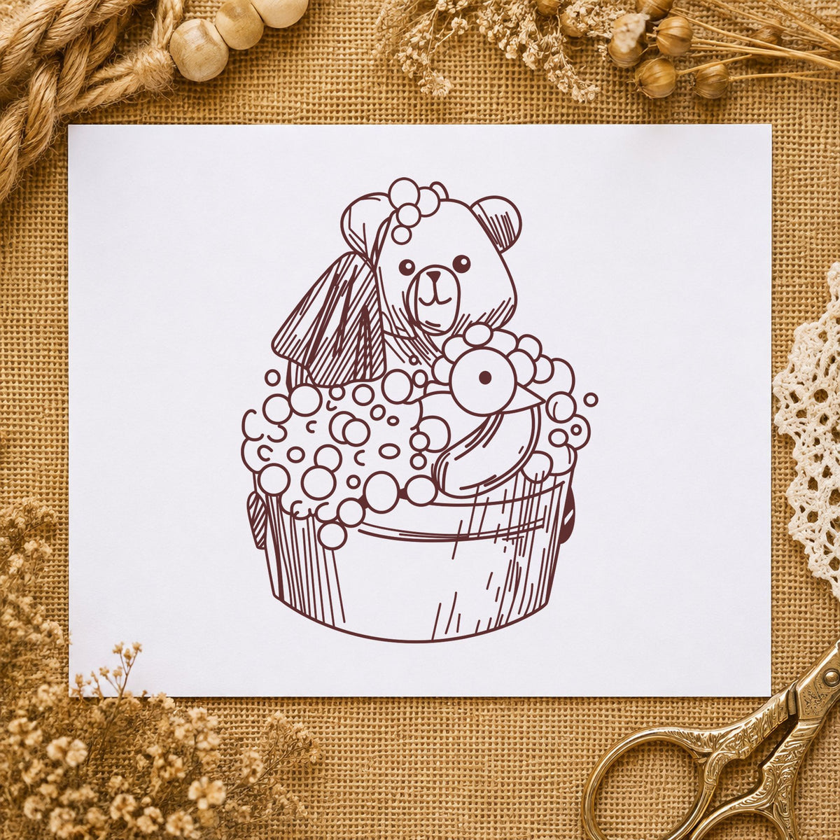 Bear in Wash Bucket Craft Art Stamp in use 9