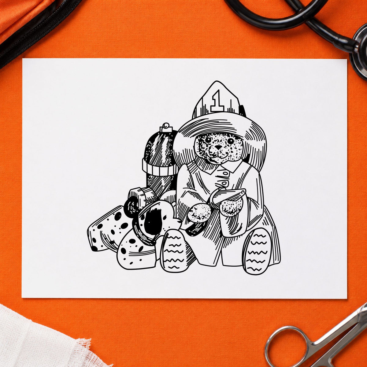 Bear Fireman with Dog Art Rubber Stamp in use 1