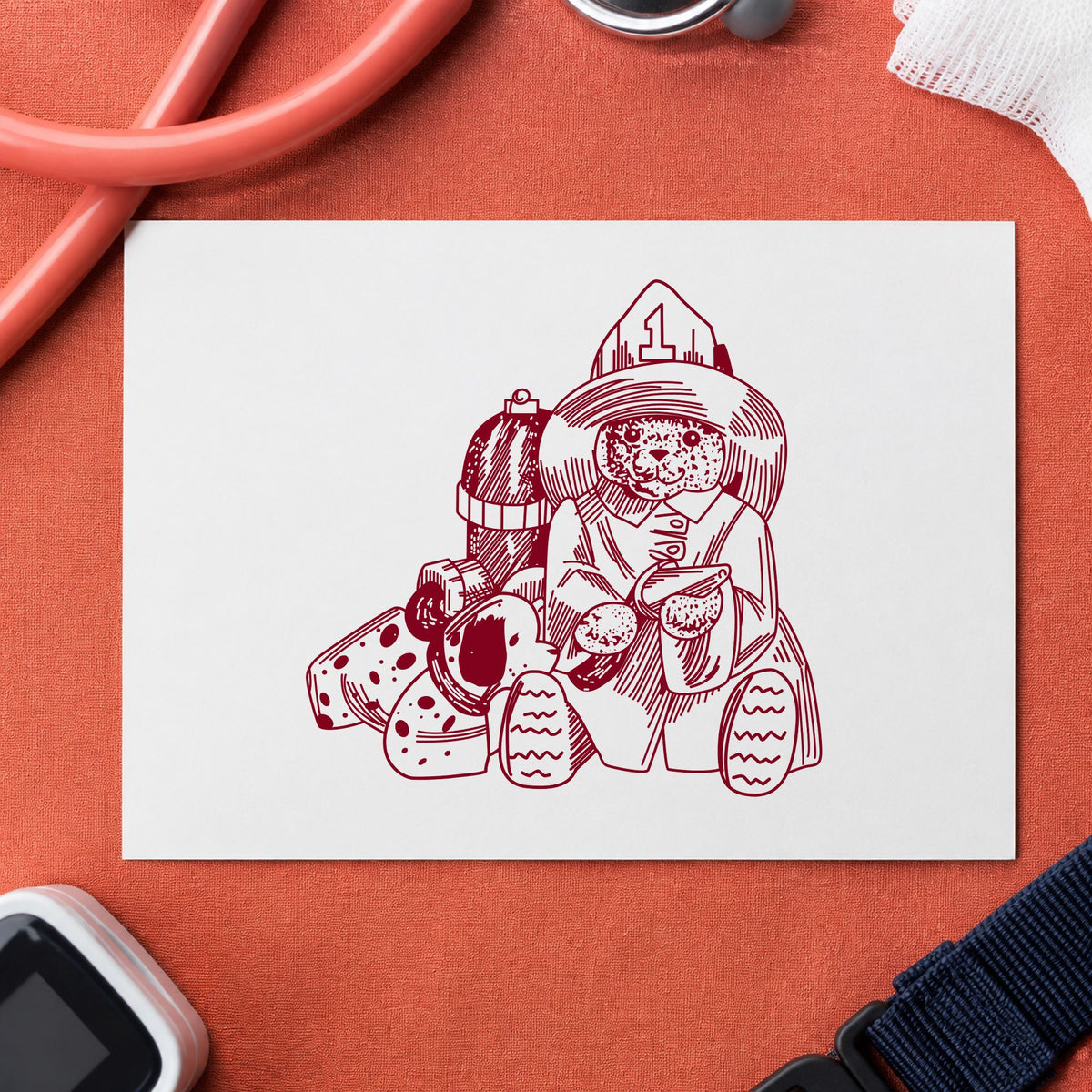 Bear Fireman with Dog Art Rubber Stamp in use 10