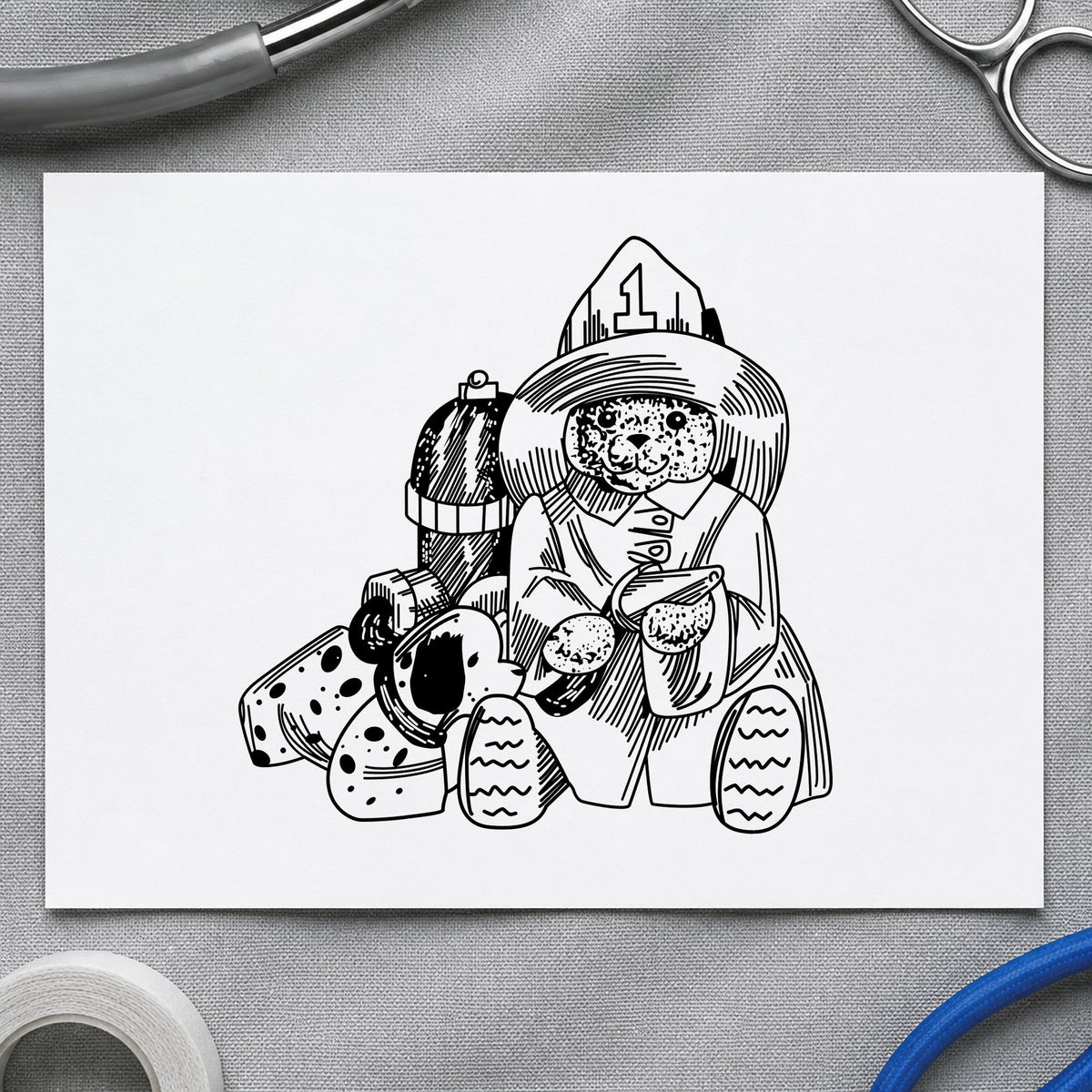 Bear Fireman with Dog Art Rubber Stamp in use 2