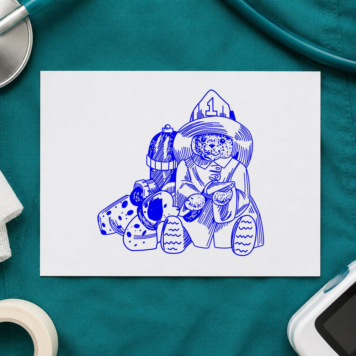Bear Fireman with Dog Art Rubber Stamp in use 3