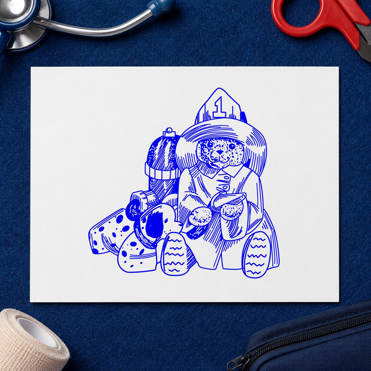 Bear Fireman with Dog Art Rubber Stamp in use 4