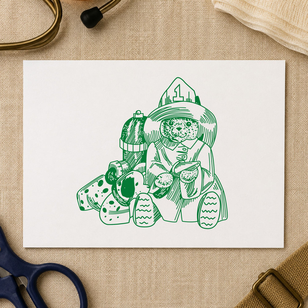 Bear Fireman with Dog Art Rubber Stamp in use 5