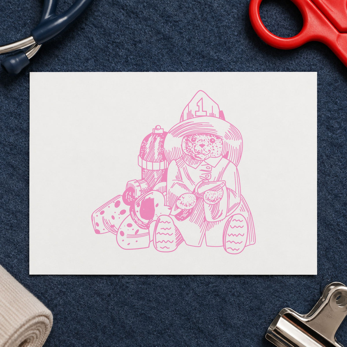 Bear Fireman with Dog Art Rubber Stamp in use 6