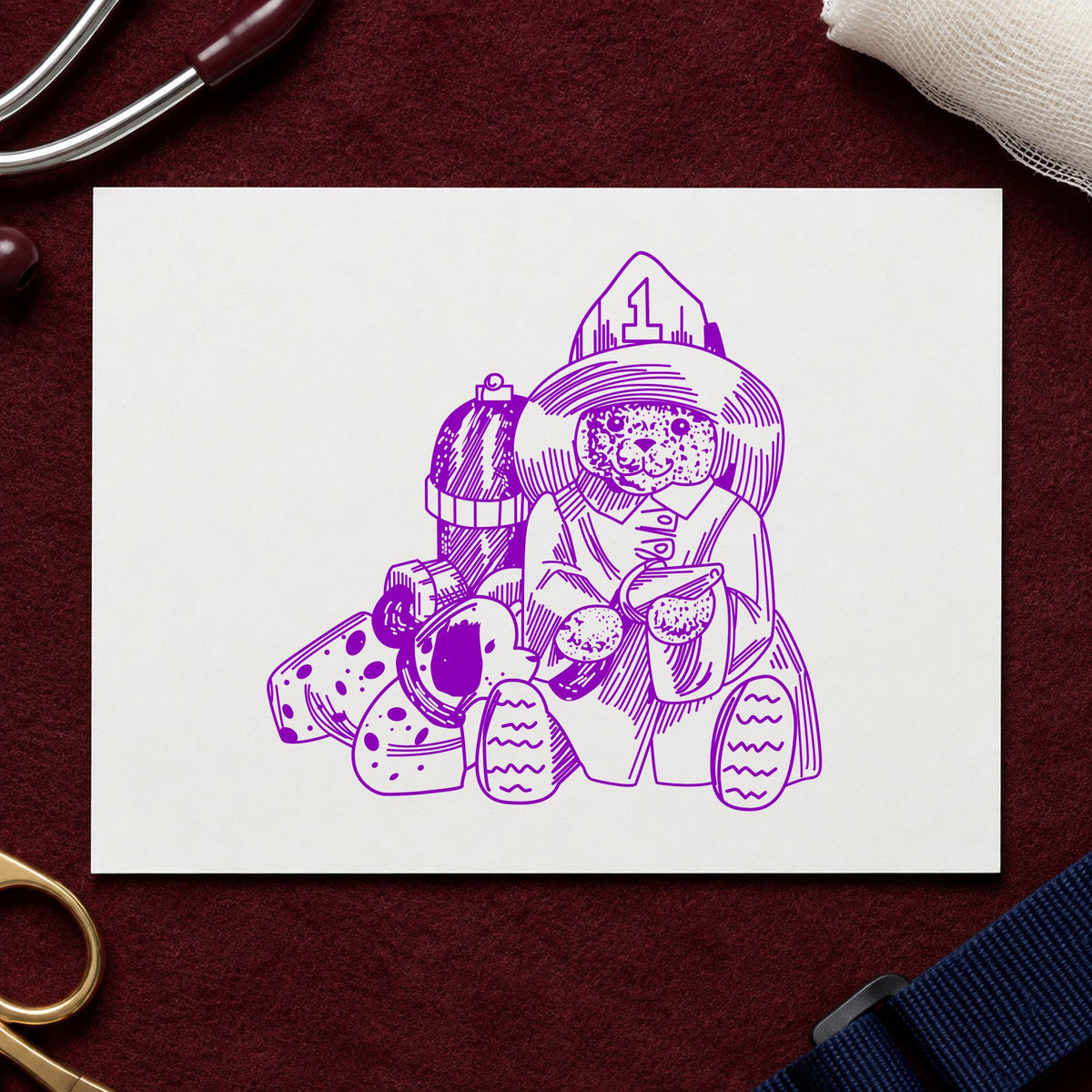 Bear Fireman with Dog Art Rubber Stamp in use 7