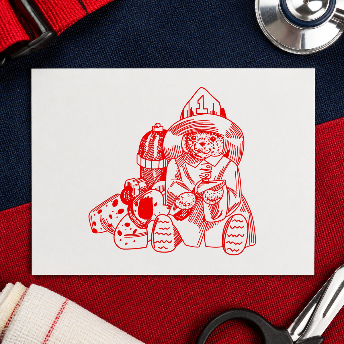 Bear Fireman with Dog Art Rubber Stamp in use 8