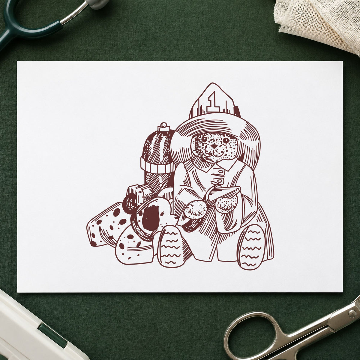 Bear Fireman with Dog Art Rubber Stamp in use 9