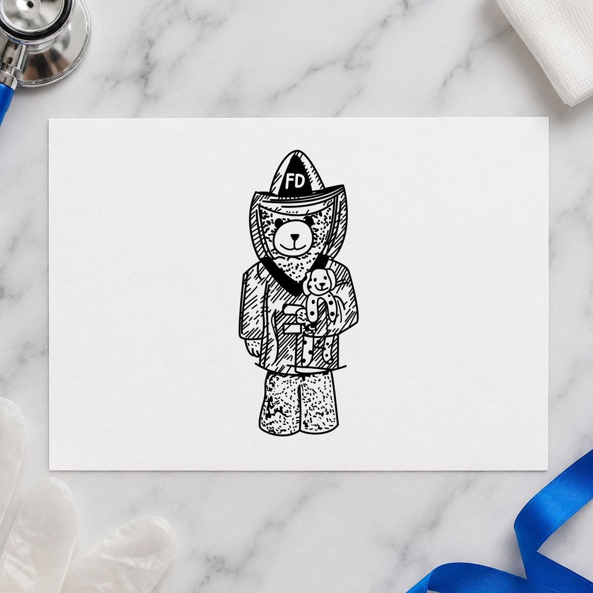 Bear Fireman Art Rubber Stamp in use 2