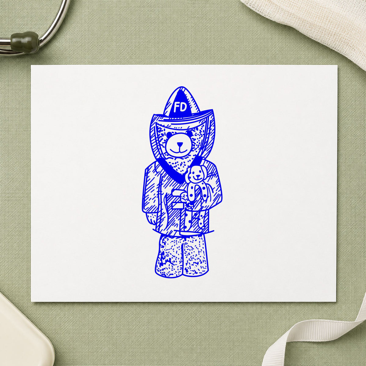 Bear Fireman Art Rubber Stamp in use 3