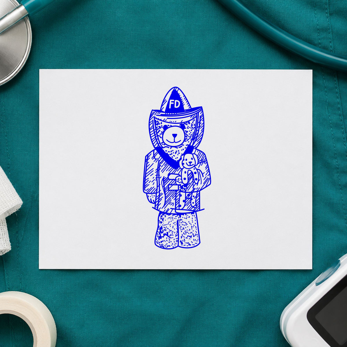 Bear Fireman Art Rubber Stamp in use 4