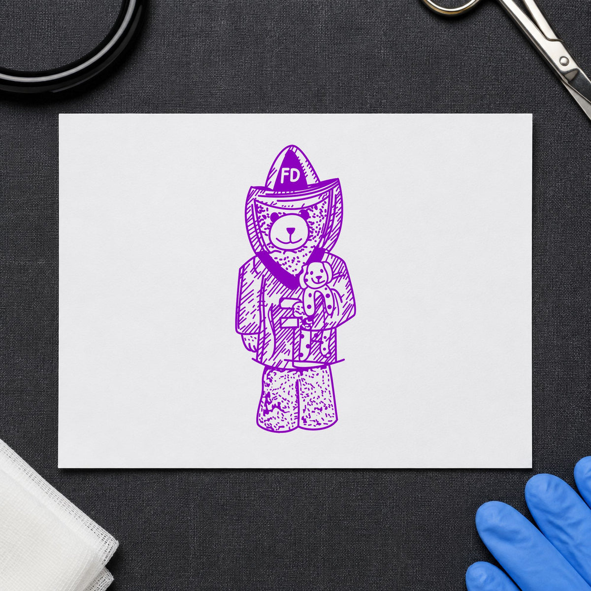 Bear Fireman Art Rubber Stamp in use 7