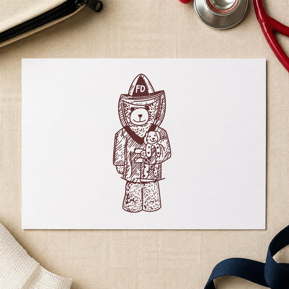 Bear Fireman Art Rubber Stamp in use 9