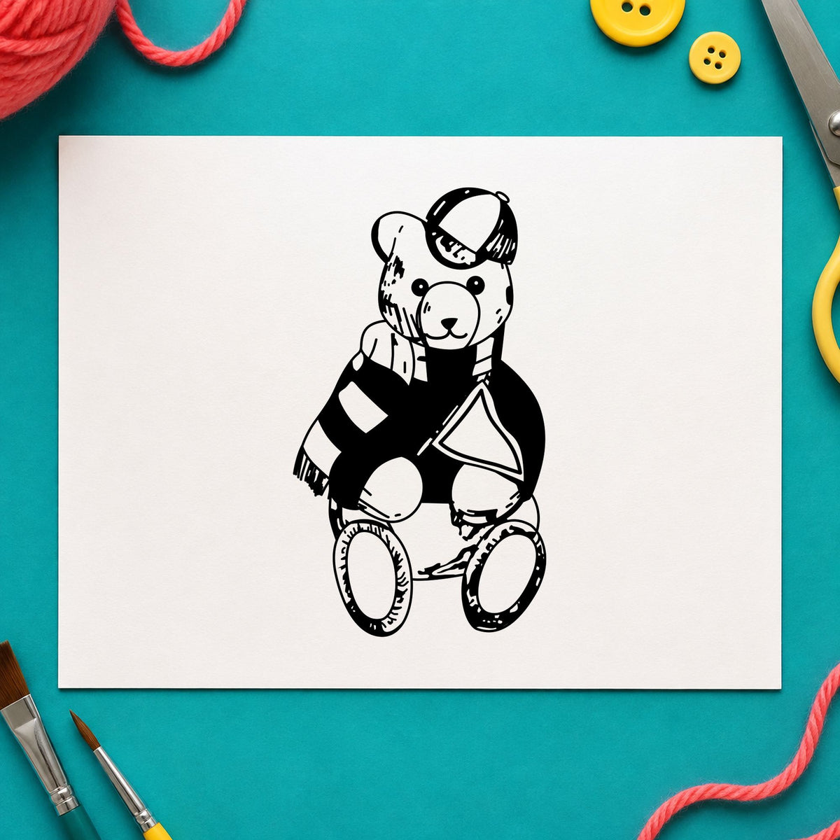 Bear Fan with Pennant Art Rubber Stamp in use 1