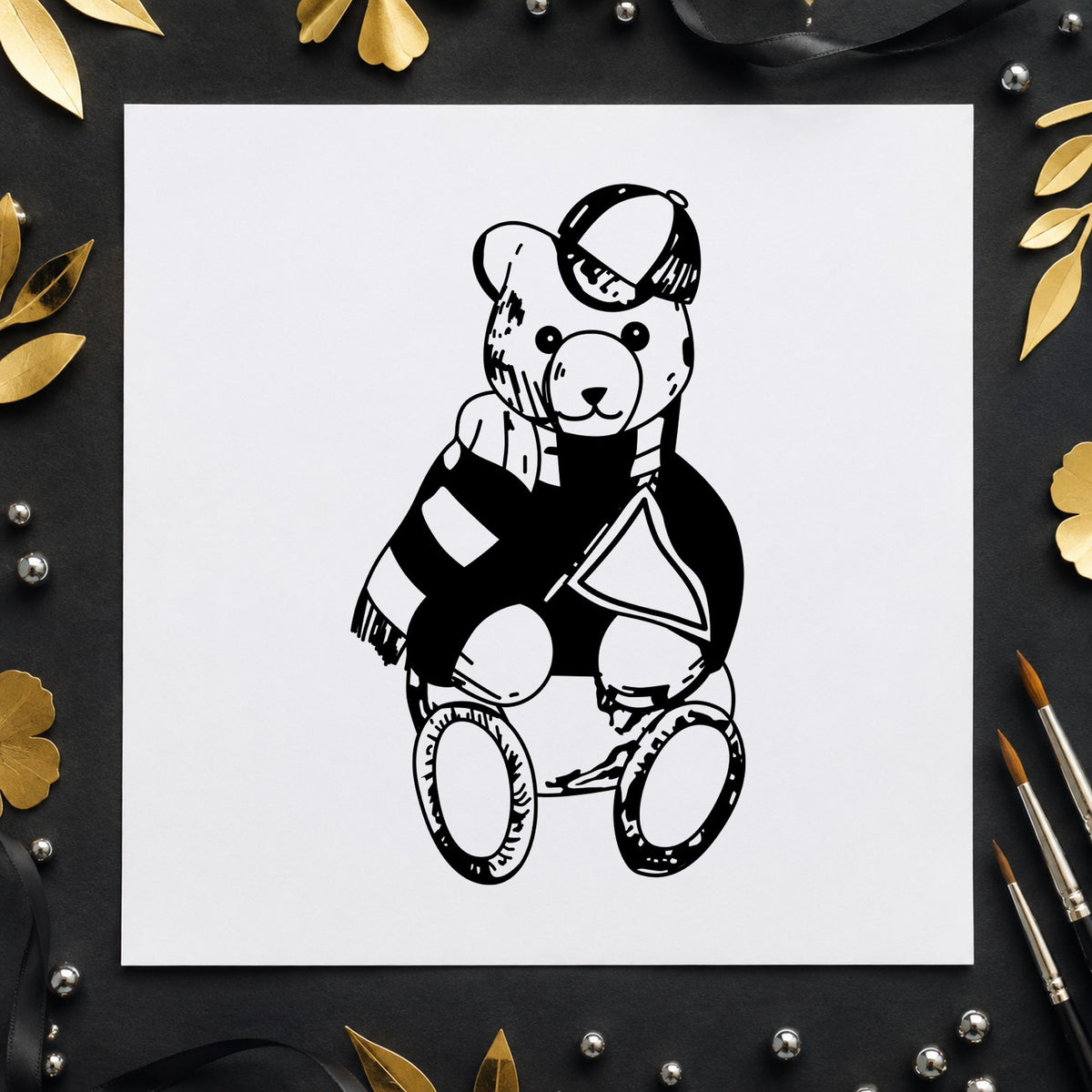 Bear Fan with Pennant Art Rubber Stamp in use 2