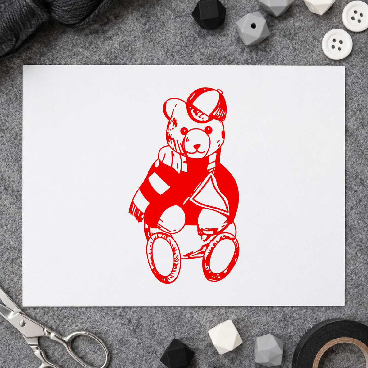 Bear Fan with Pennant Art Rubber Stamp in use 8