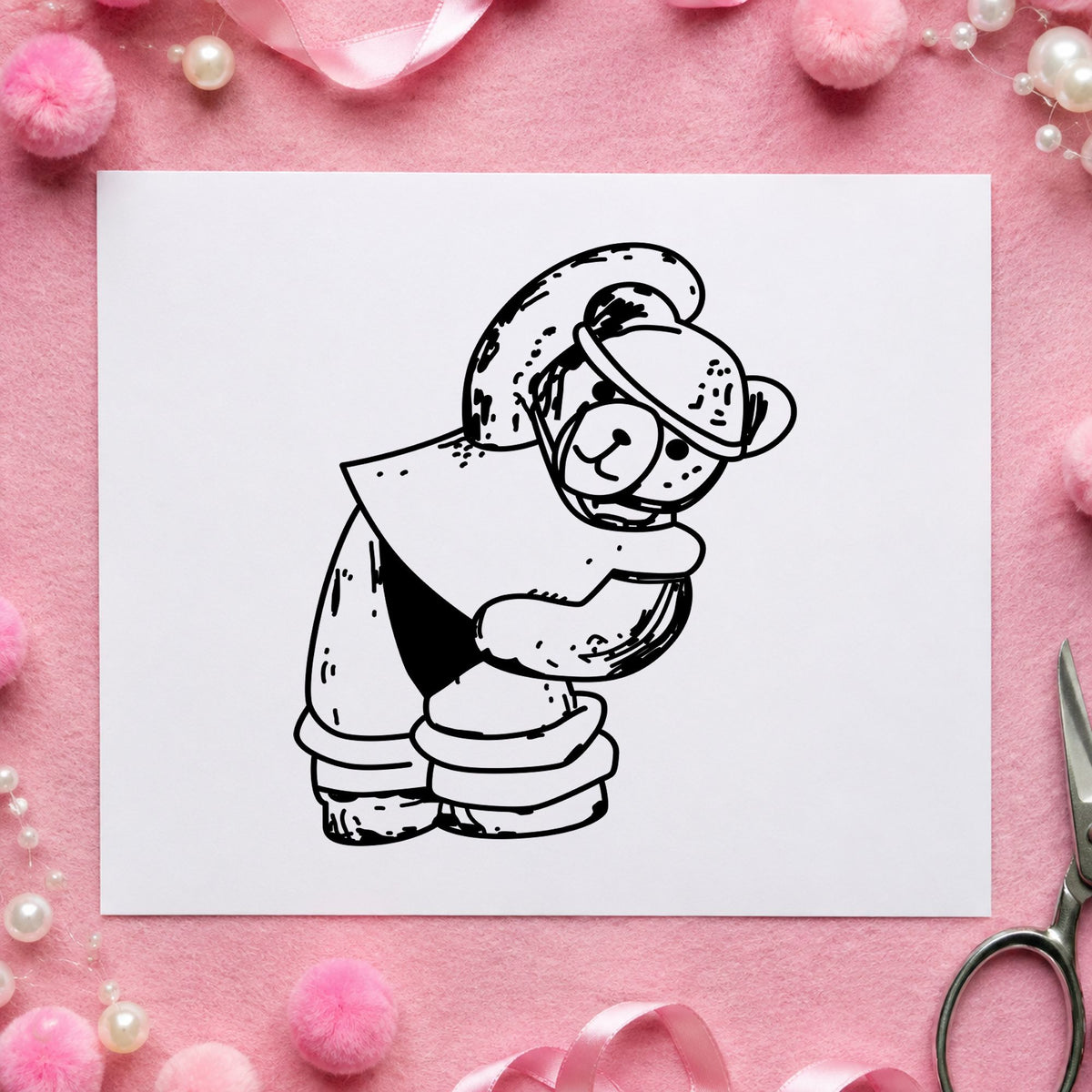 Workout Bear in Headband Rubber Stamp impression in black ink on white paper in a styled craft setting.