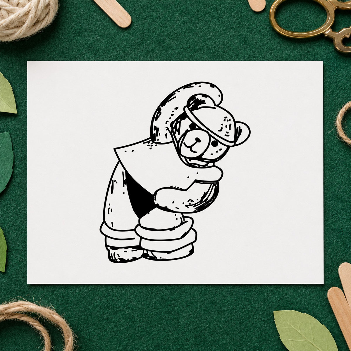 Black impression from a exercise rubber stamp, featuring the workout bear in headband design on white paper.