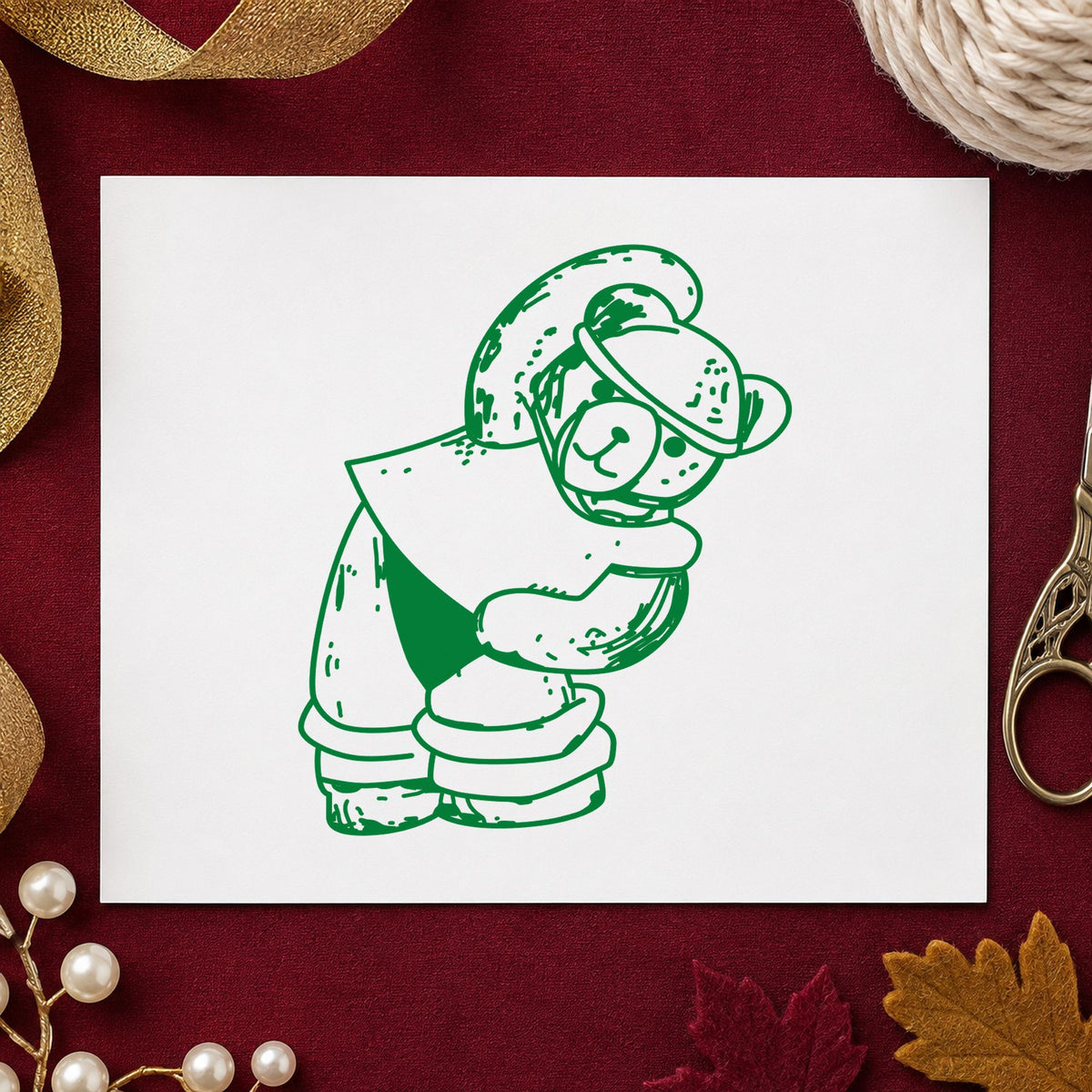 Workout Bear in Headband Rubber Stamp impression in green ink on white paper in a styled craft setting.
