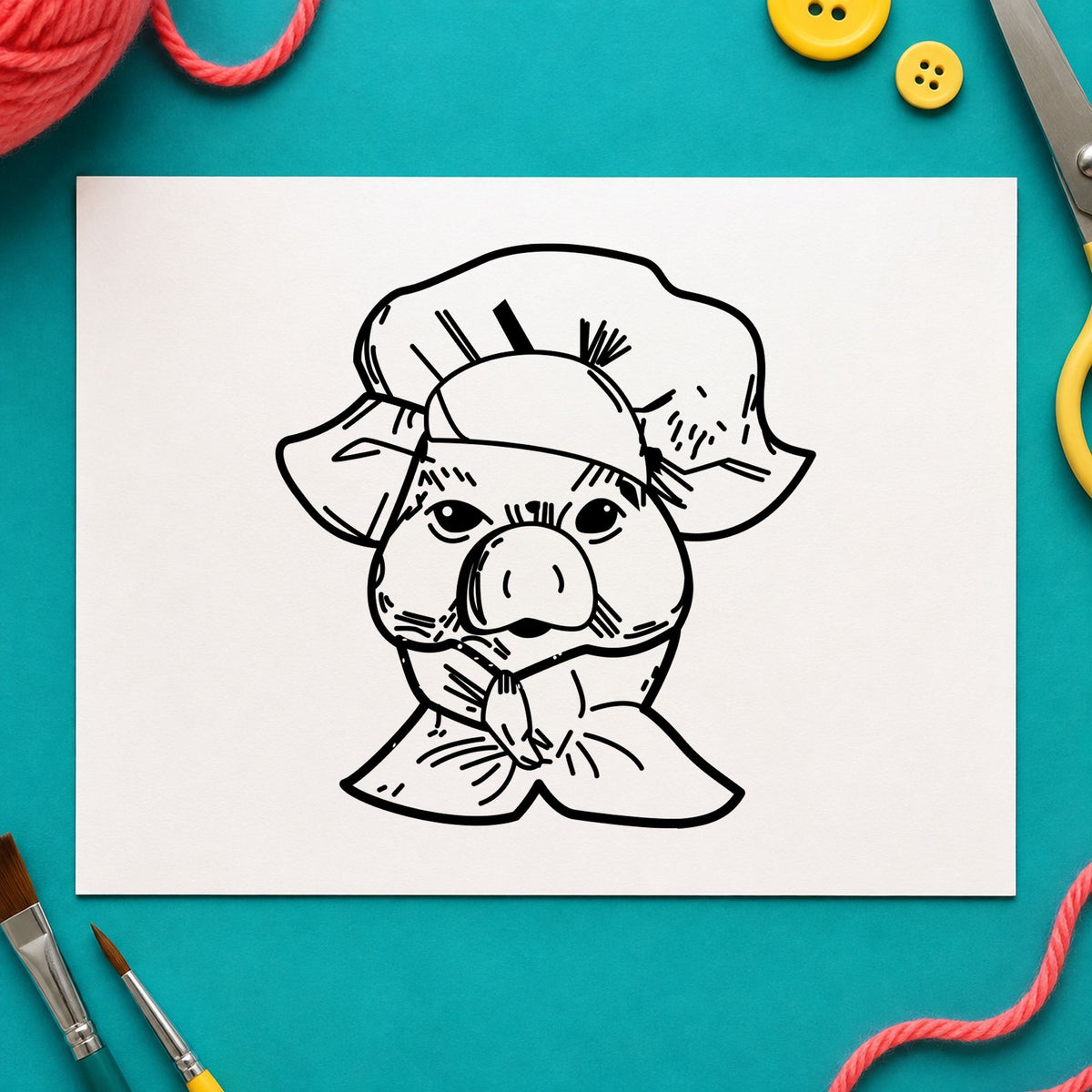 Chef Pig Portrait Rubber Stamp impression in black ink on white paper in a styled craft setting.