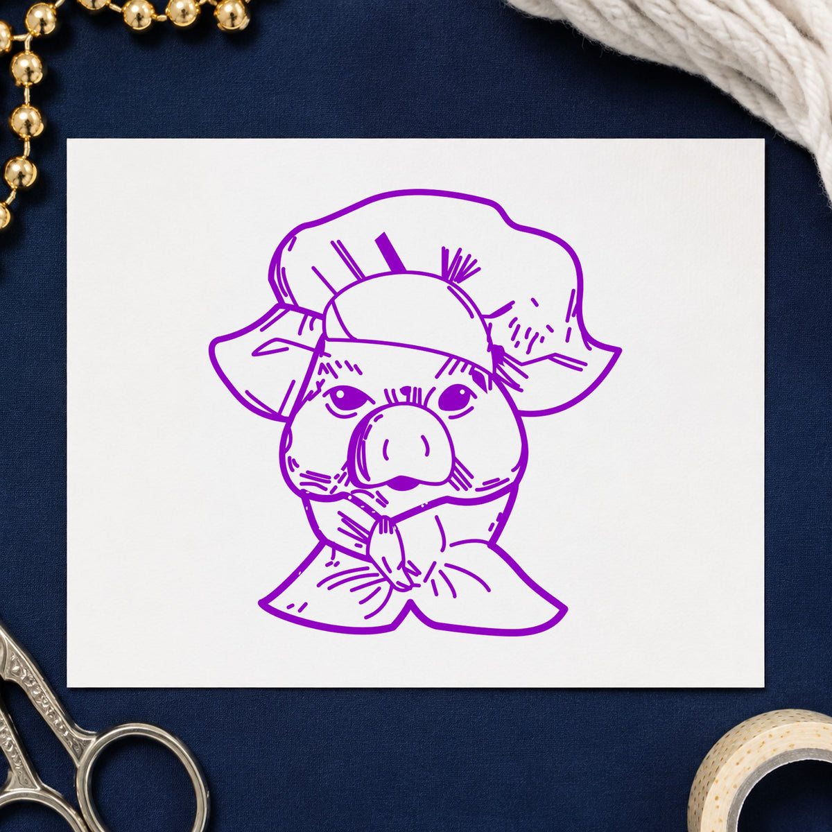 Chef Pig Portrait Rubber Stamp impression in purple ink on white paper in a styled craft setting.