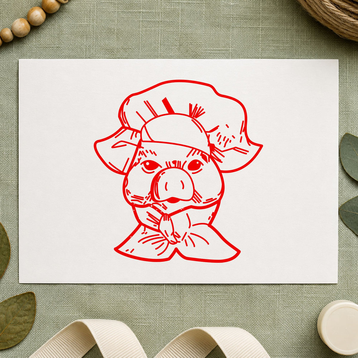 Chef Pig Portrait Rubber Stamp impression in red ink on white paper in a styled craft setting.
