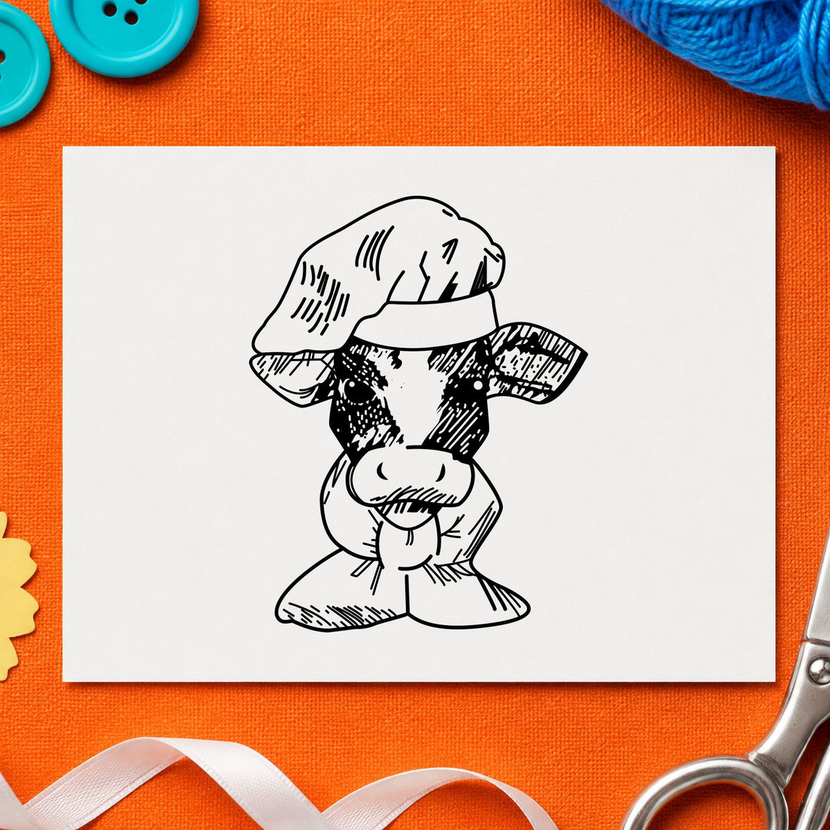 Black impression from a chef rubber stamp, featuring the chef cow portrait design on white paper.