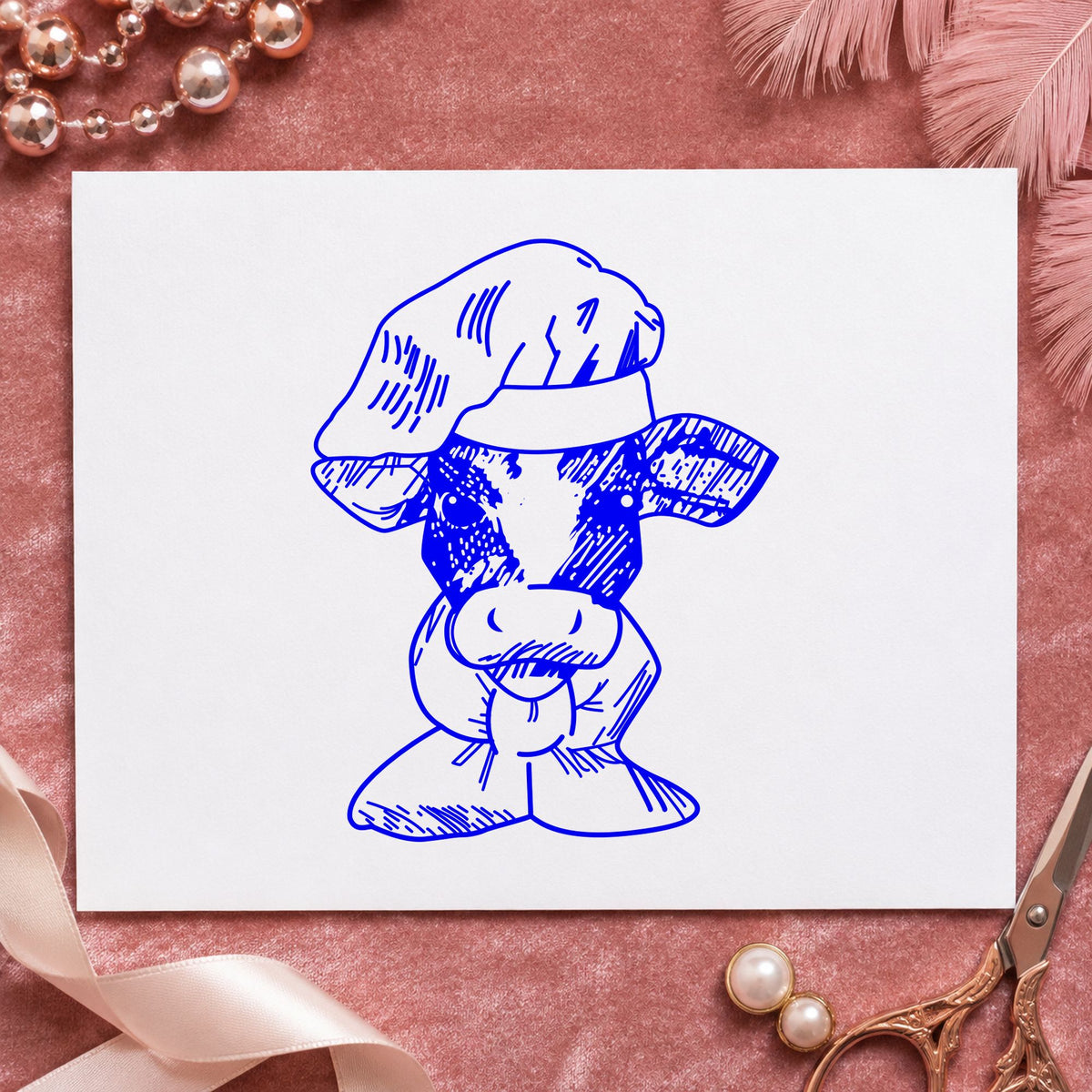 Chef Cow Portrait Rubber Stamp impression in blue ink on white paper in a styled craft setting.