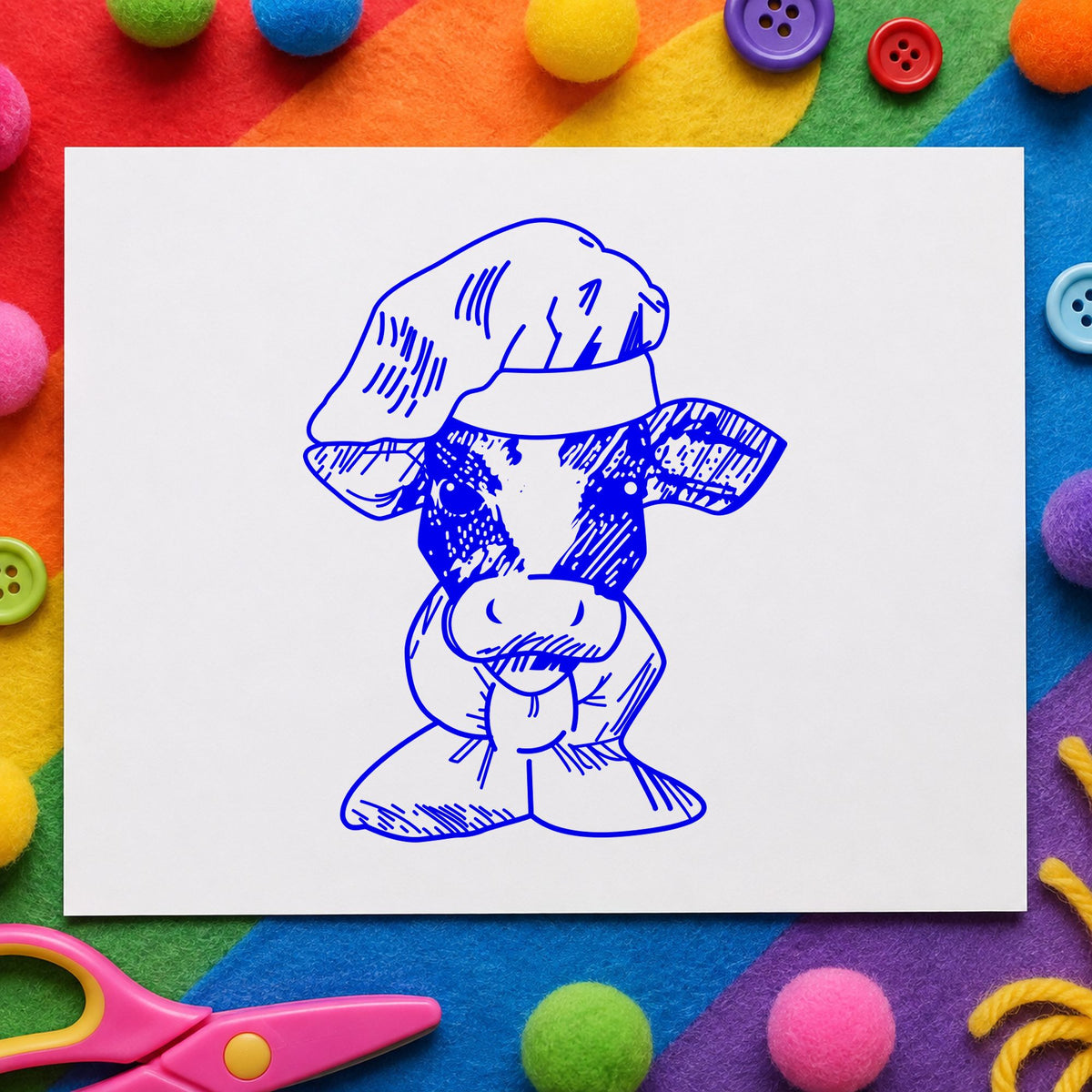 Blue cow craft stamp impression featuring the chef cow portrait design on white paper.