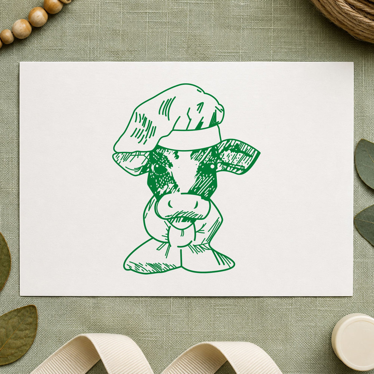 Chef Cow Portrait Rubber Stamp impression in green ink on white paper in a styled craft setting.
