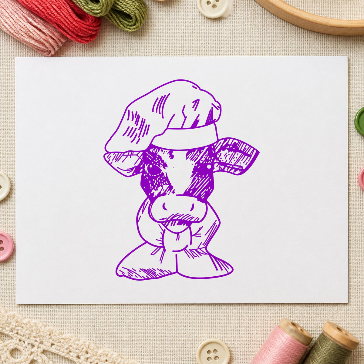 Chef Cow Portrait Rubber Stamp impression in purple ink on white paper in a styled craft setting.