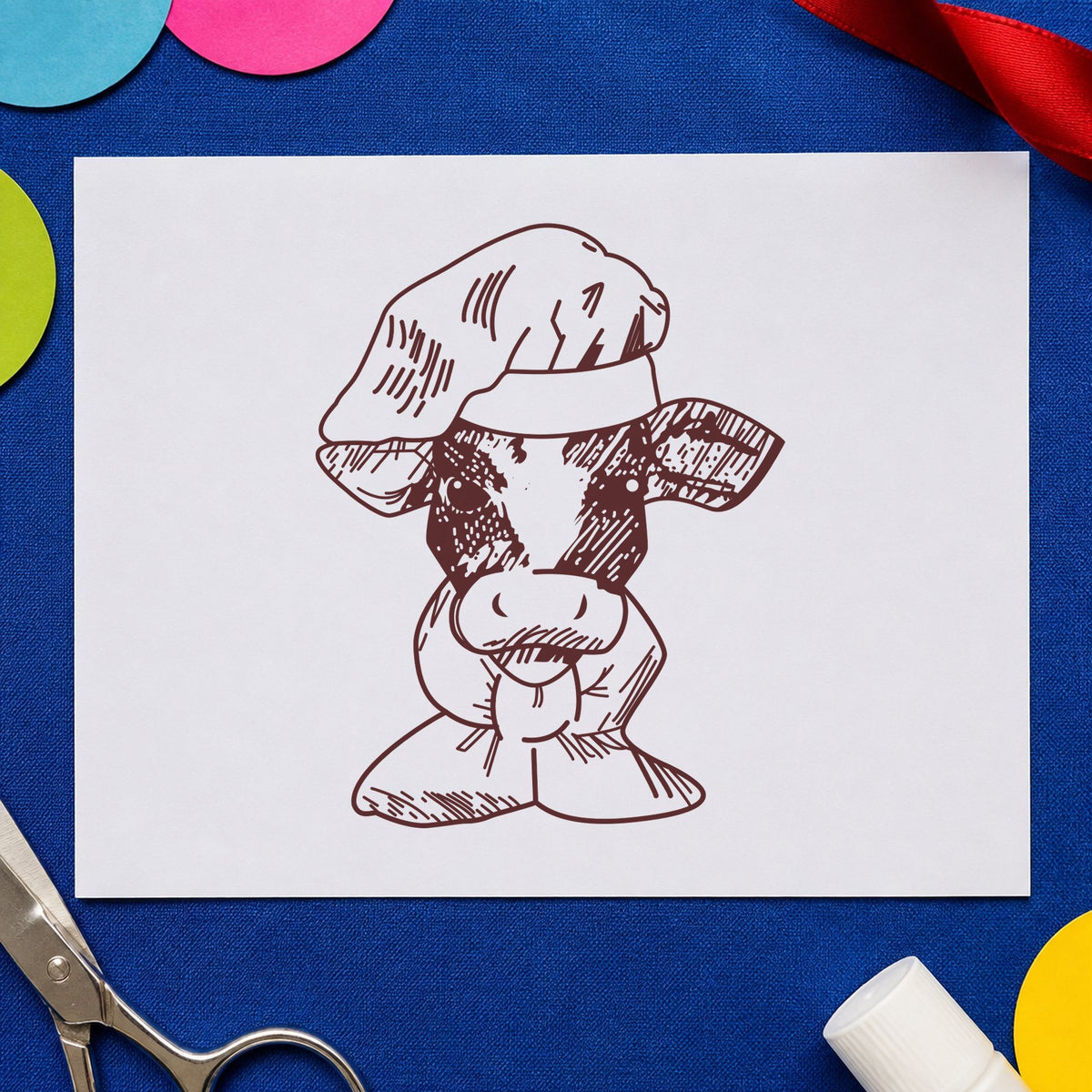 Chef Cow Portrait Rubber Stamp impression in brown ink on white paper in a styled craft setting.