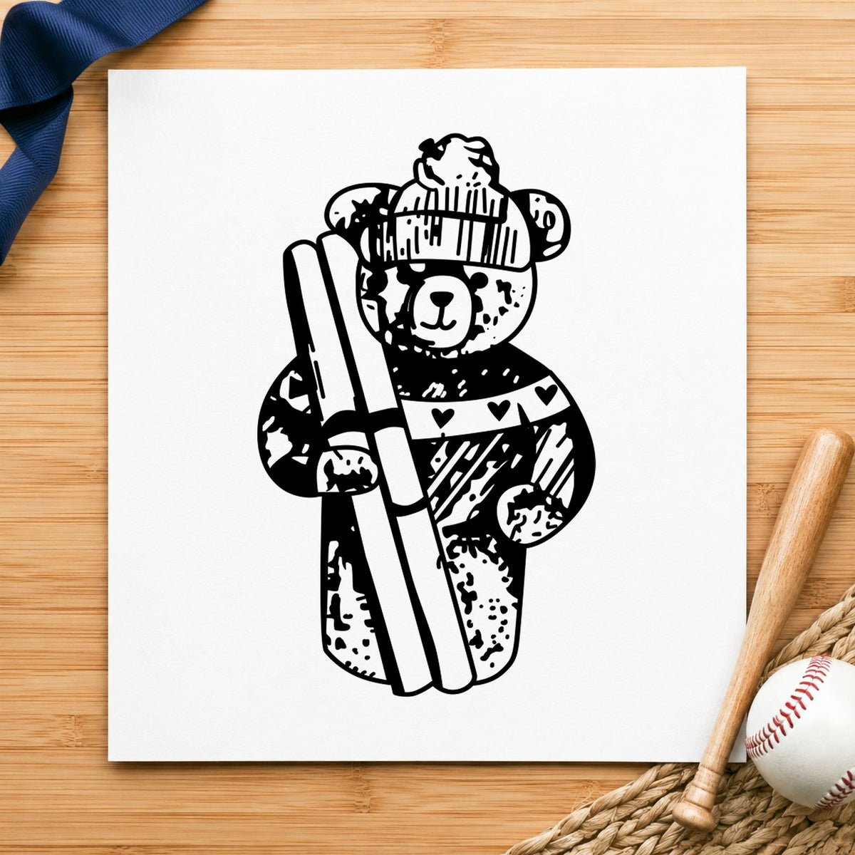 Ski Bear Holding Skis Rubber Stamp impression in black ink on white paper in a styled craft setting.