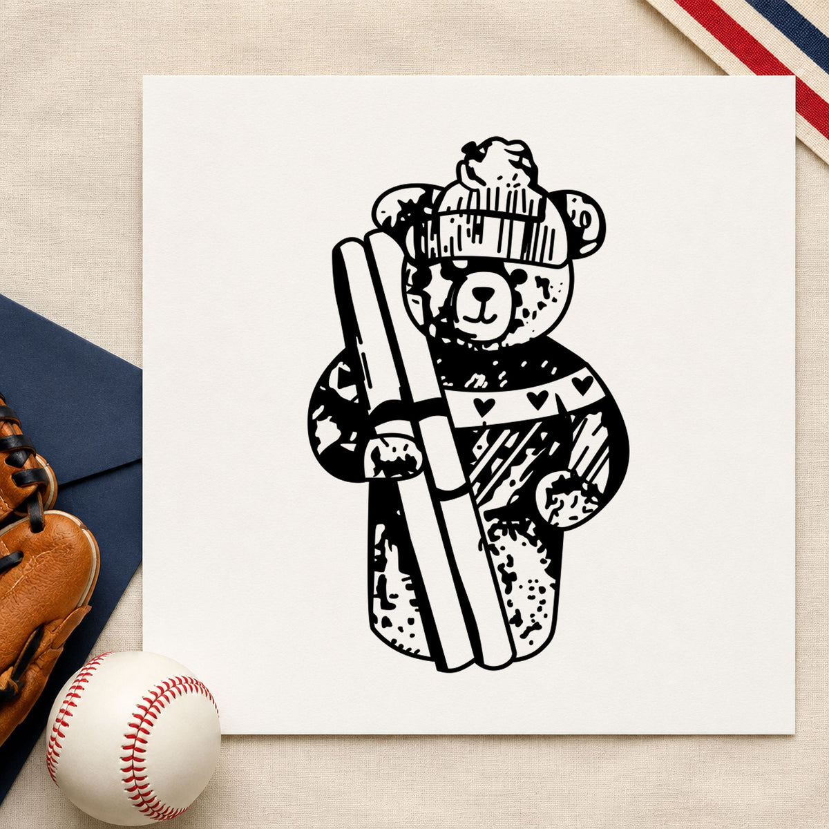Black impression from a skiing rubber stamp, featuring the ski bear holding skis design on white paper.