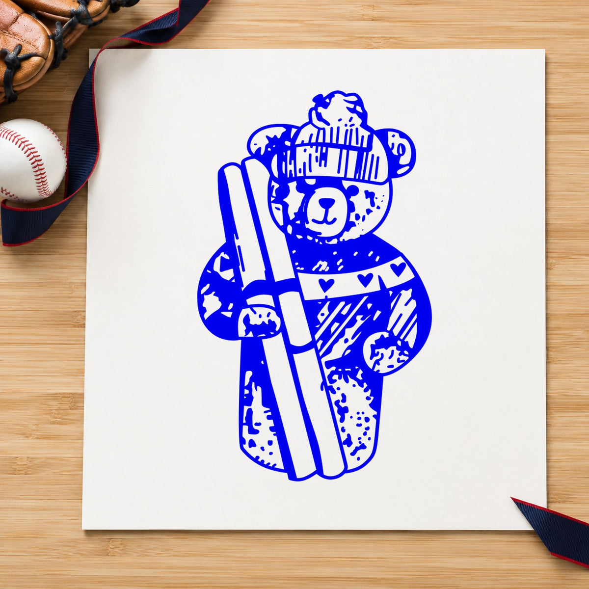 Blue winter sports stamp impression featuring the ski bear holding skis design on white paper.