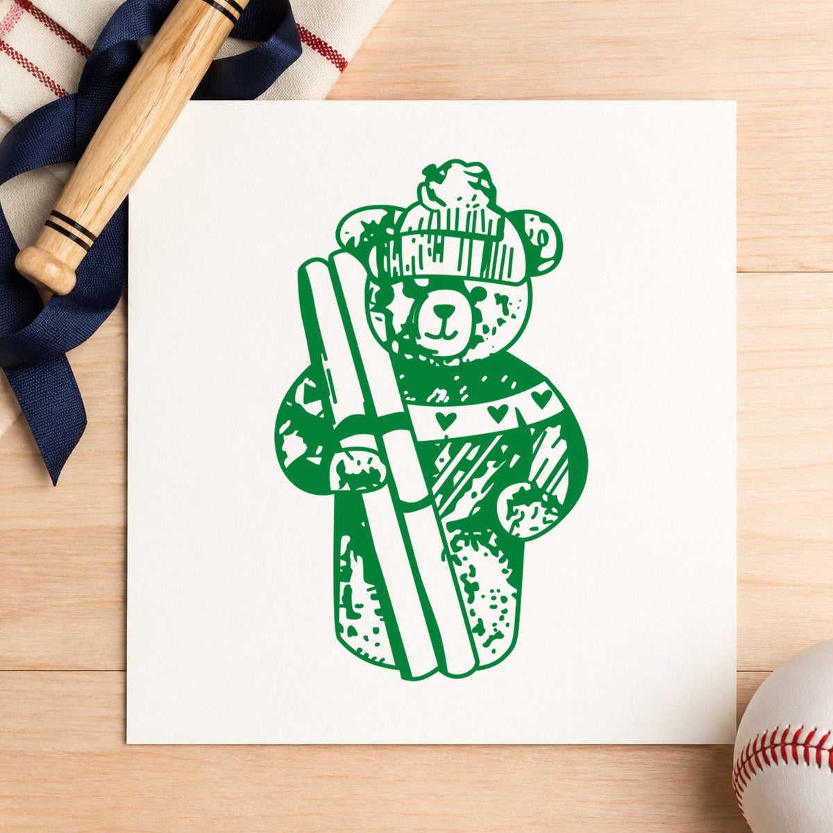 Ski Bear Holding Skis Rubber Stamp impression in green ink on white paper in a styled craft setting.