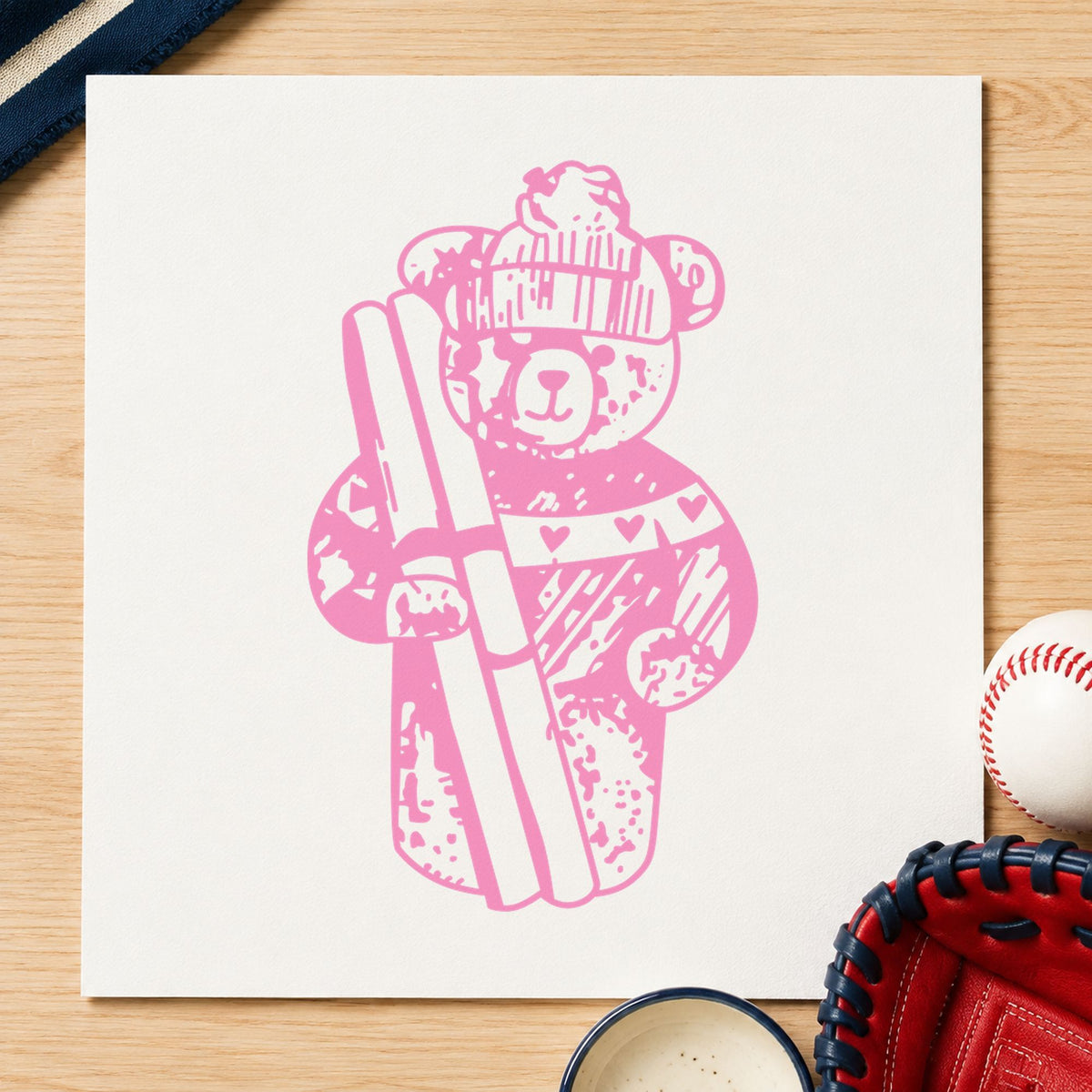 Ski Bear Holding Skis Rubber Stamp impression in pink ink on white paper in a styled craft setting.