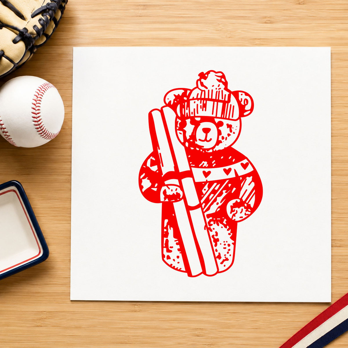Ski Bear Holding Skis Rubber Stamp impression in red ink on white paper in a styled craft setting.