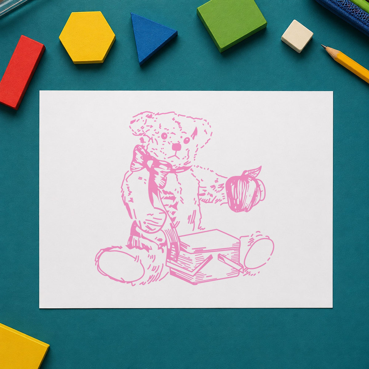 Bear with Picnic Basket and Apple Rubber Stamp impression in pink ink on white paper in a styled craft setting.