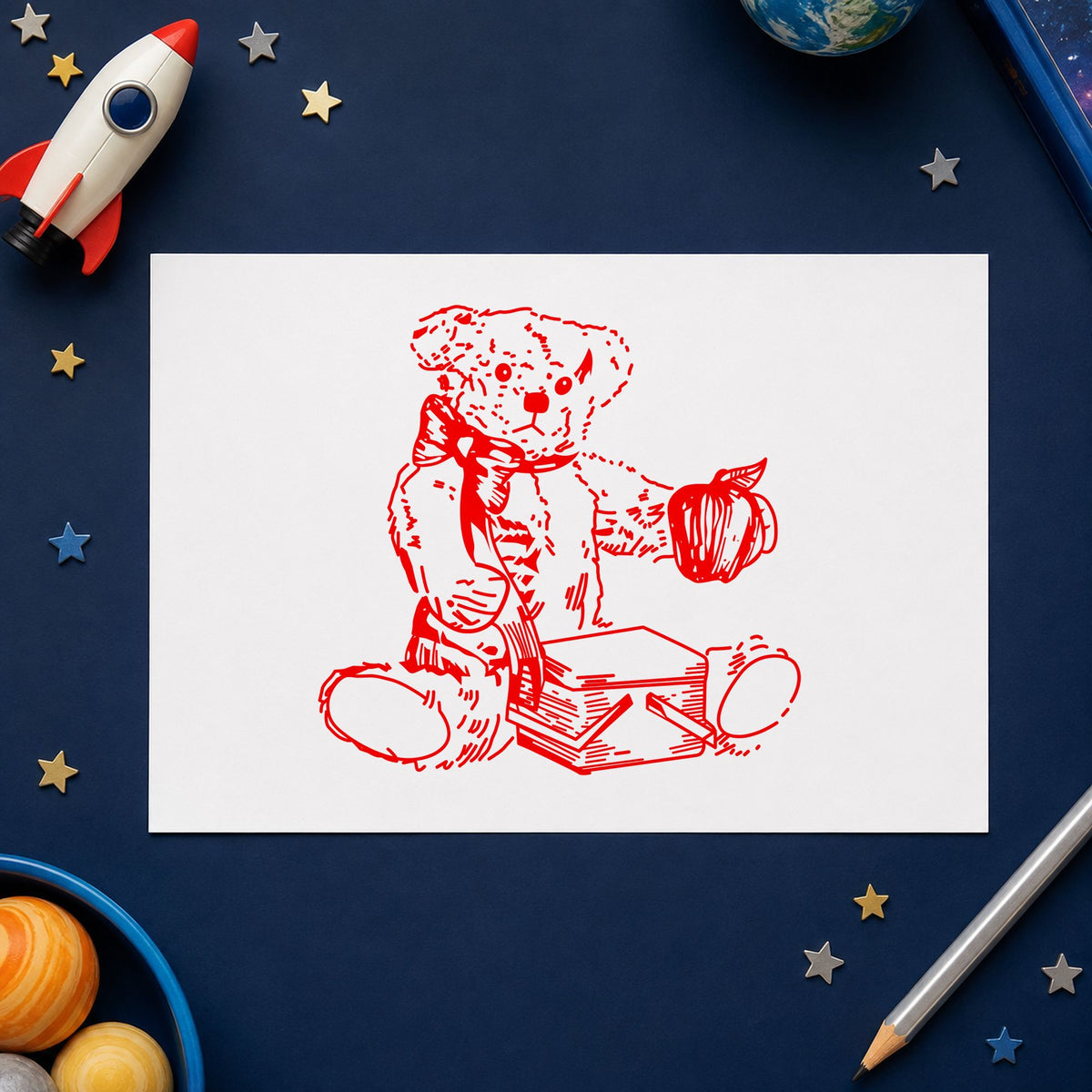Bear with Picnic Basket and Apple Rubber Stamp impression in red ink on white paper in a styled craft setting.