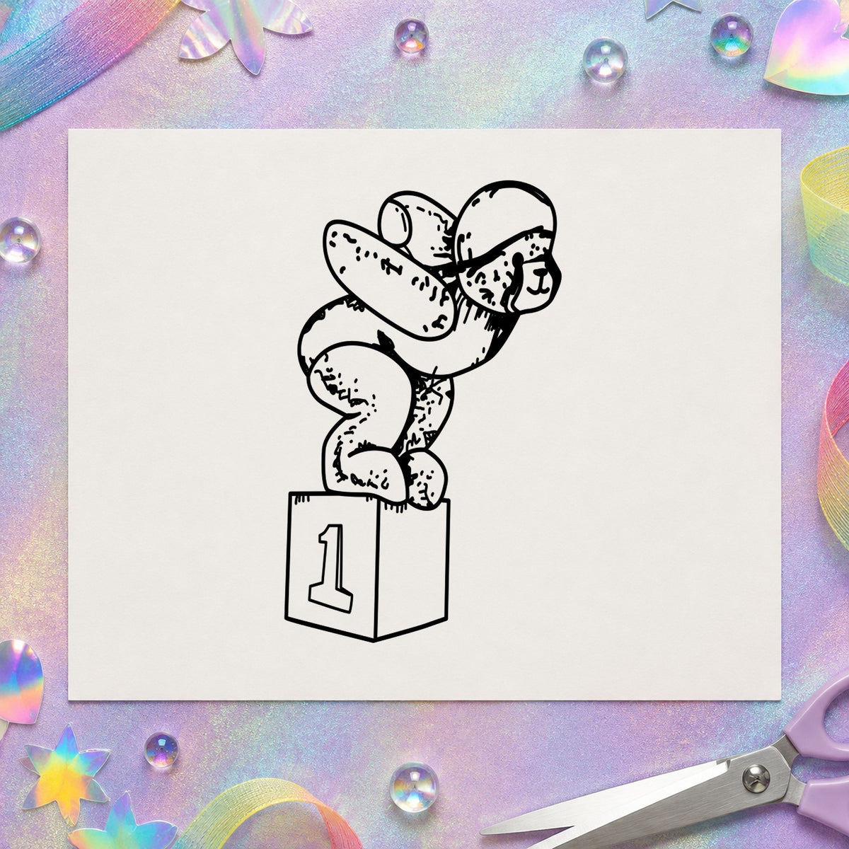 Diving Bear on Starting Block Rubber Stamp impression in black ink on white paper in a styled craft setting.