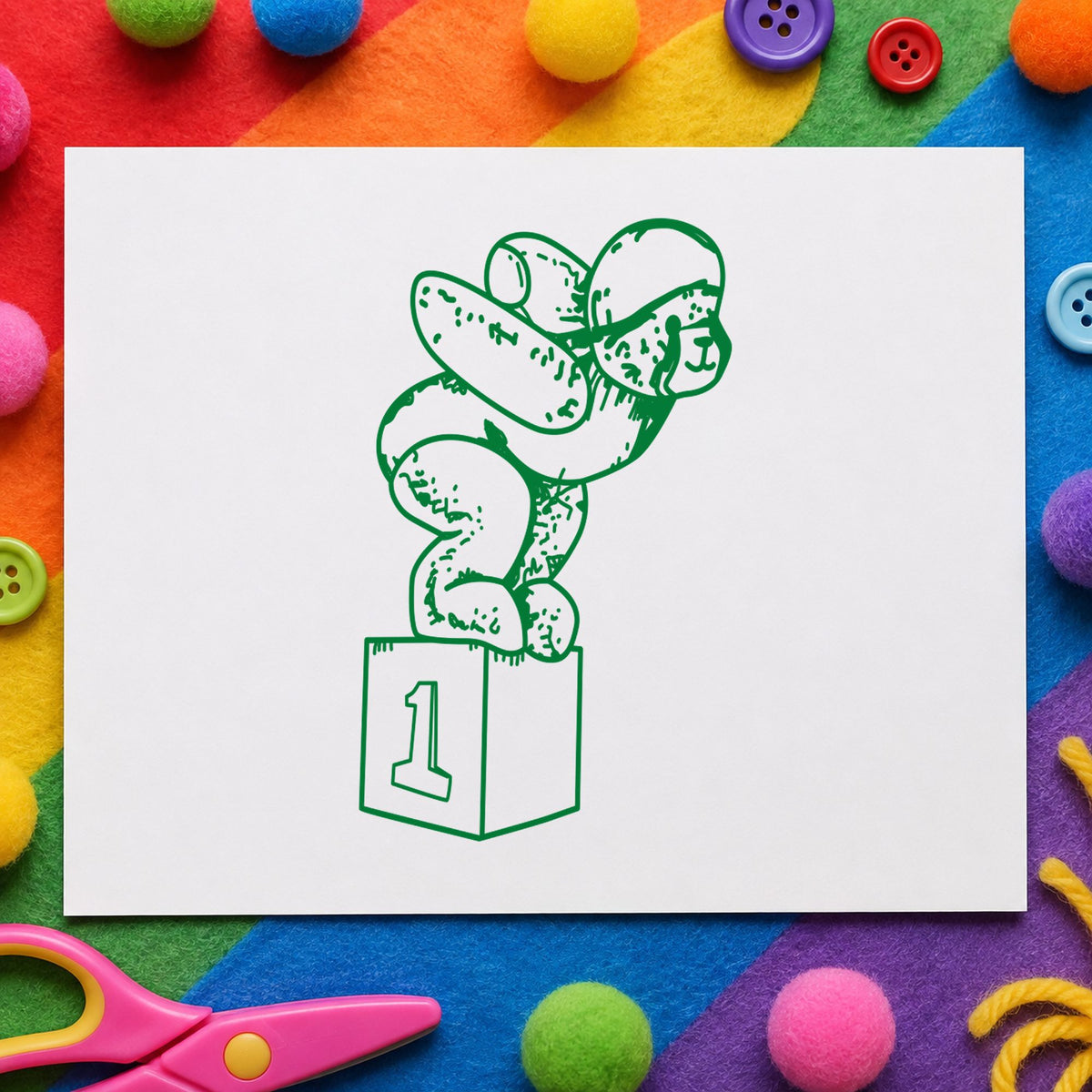 Diving Bear on Starting Block Rubber Stamp impression in green ink on white paper in a styled craft setting.