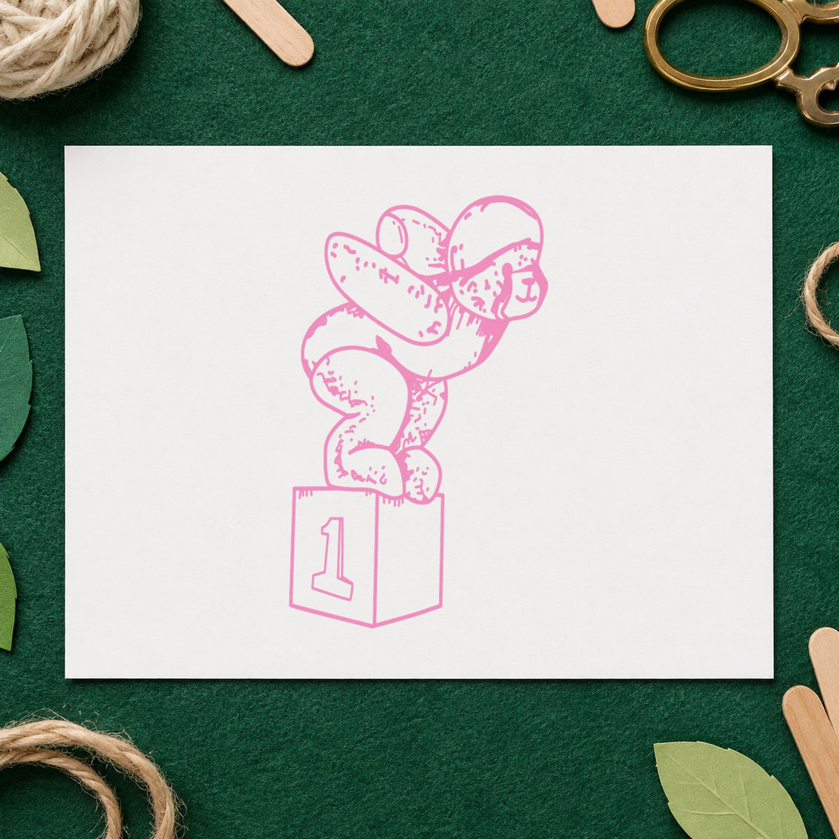Diving Bear on Starting Block Rubber Stamp impression in pink ink on white paper in a styled craft setting.