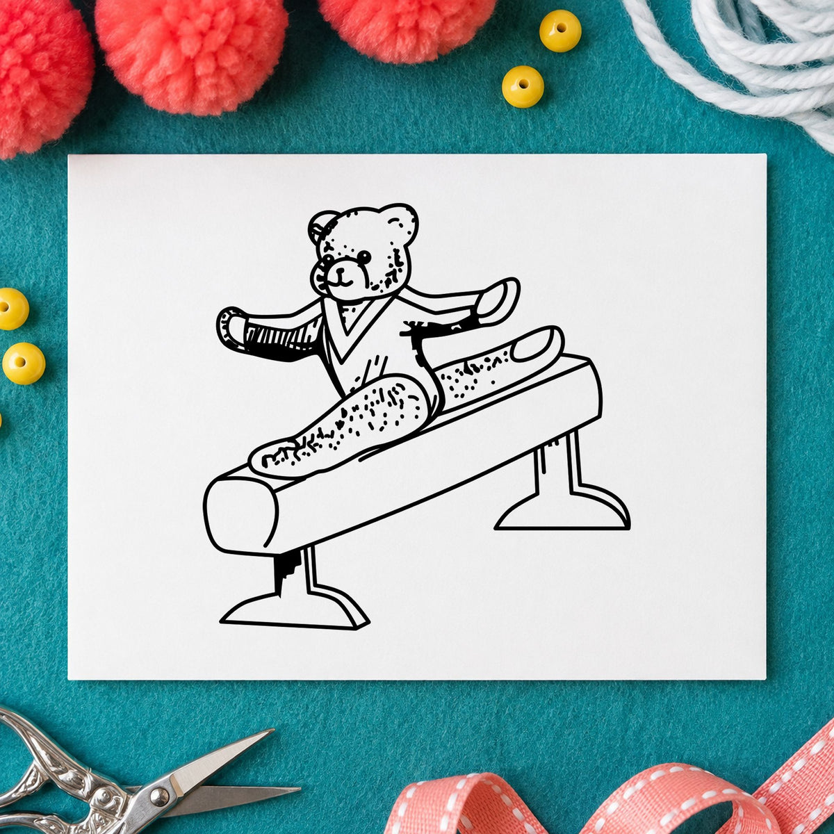 Bear on Exercise Equipment Art Rubber Stamp in use 1